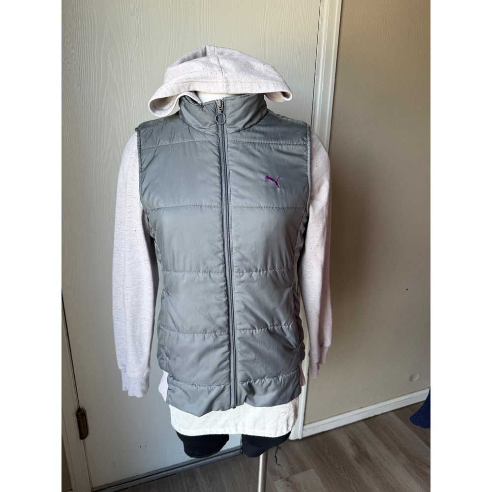 PUMA Women's Medium Gray Quilted Puffer Vest with Attached Hood & Sleeves